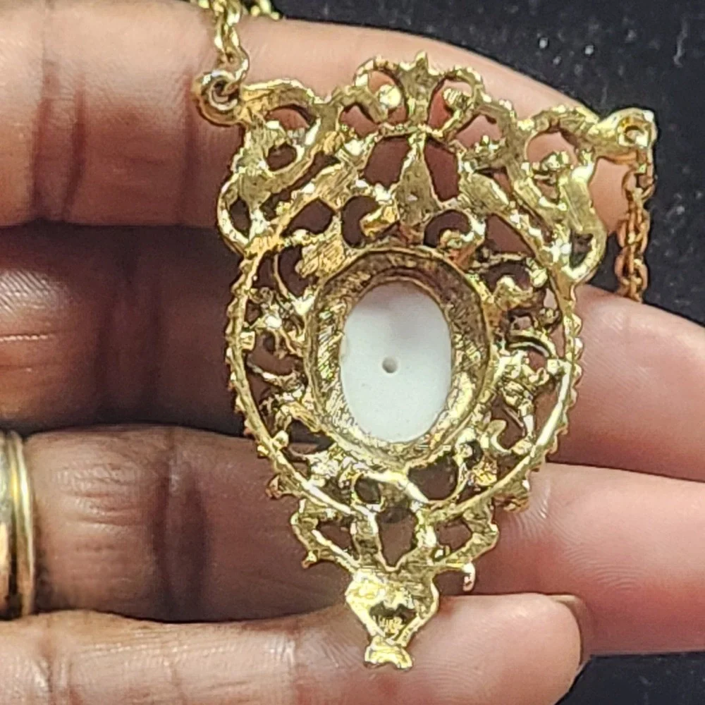 Vintage Gold Tone Filigree White Cabochon Victorian Revival Necklace